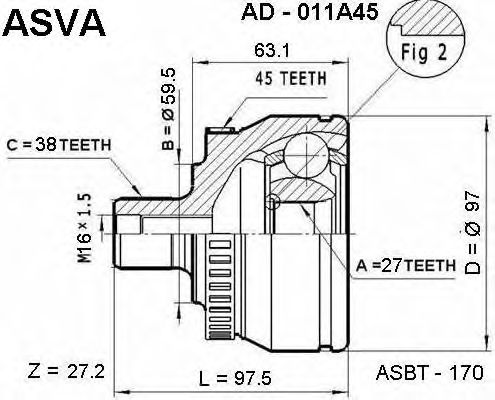 Купить ASVA AD-011A45 ШРУС наруж к-кт ABS 45z z27 x d595 x z38