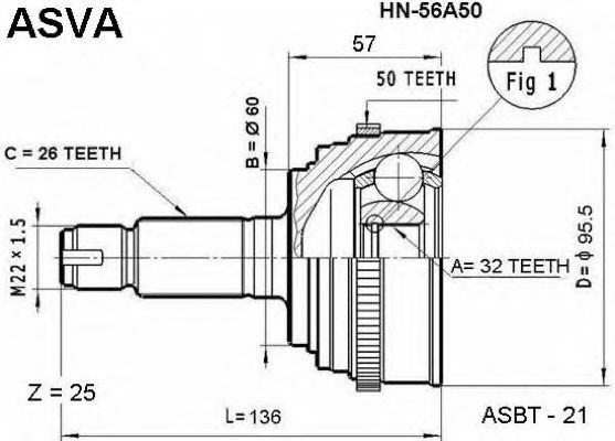 Купить ASVA HN56A50 ШРУС внешний 26*60*32 с ABS gras