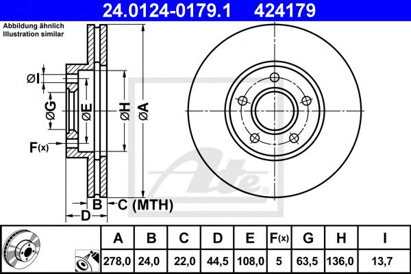 Купить ATE 24.0124-0179.1 Диск тормозной передн, FORD: TOURNEO CONNECT 1.8 16V/1.8 Di/1.8 TDCi/1.8 Turbo Di 02-, TRANSIT CONNECT 1.8 16V/1.8 Di/1.8 TDCi 02-