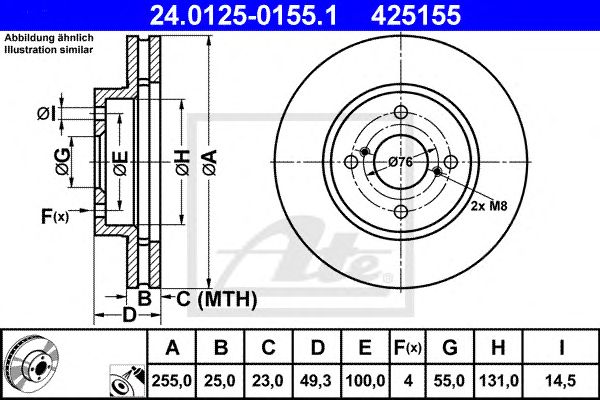Купить ATE 24.0125-0155.1 Диск тормозной передн, TOYOTA: COROLLA 1.4 VVT-i/1.6 VVT-i/1.8 VVTL-i TS/1.8 VVTi 01-07, COROLLA Verso 1.4 VVT-i/1.6 VVT-i 01-04, COROLLA седан 1.4 VVT-i/1.6 VVT-i