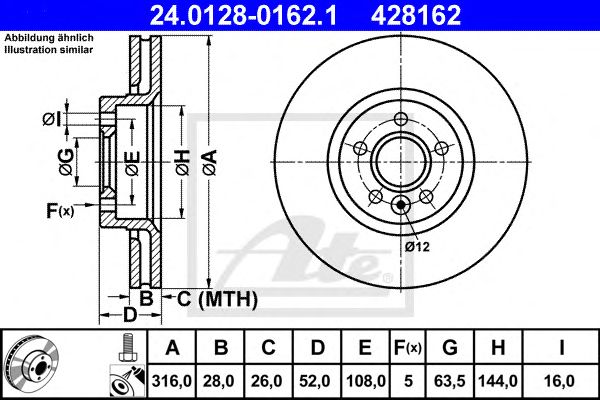 Купить ATE 24.0128-0162.1 Диск тормозной передн, FORD: GALAXY 2.0 EcoBoost/2.2 TDCi 06-, S-MAX 2.0 EcoBoost/2.2 TDCi/2.5 ST 06- \ LAND ROVER: FREELANDER 2 3.2 4x4 06- \ VOLVO: S60 II 2.0 T/
