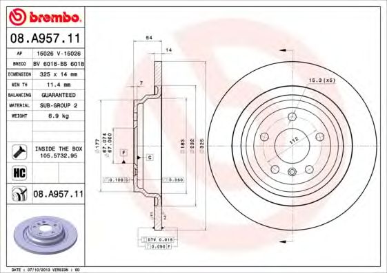 Купить BREMBO 08.A957.11 Диск тормозной 08.A957.11