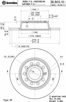 Купить BREMBO 08B41311 08.B413.11 диск тормозной задний!\ Audi A3, Skoda Octavia/Superb, VW Golf/Jetta 1.2TSI-3.6 03>