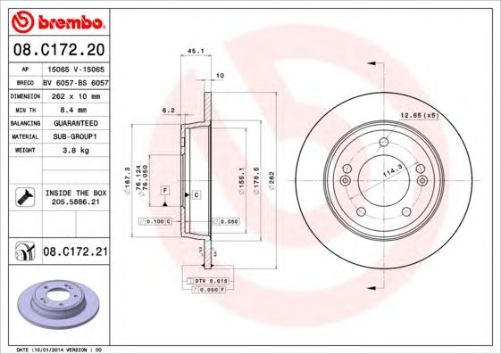 Купить BREMBO 08C17220 08.C172.20 диск тормозной задний!\ Hyundai Elantra/i30/Veloster, KIA Ceed/Soul/ProCeed 1.4-1.6 11>