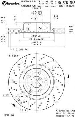 Купить BREMBO 09.A732.11 Диск тормозной передн, MERCEDES-BENZ: S-CLASU SU250 CDI/S 280/S 300/S 320 CDI/S 320 CDI/ S 350 CDI/S 350/S 350 4-matic/S 350 BlueTec/S 350 CDI/S 350 CGI/S 350 CGI 4-