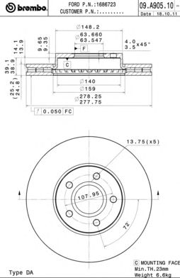 Купить BREMBO 09A90510 09.A905.10 диск тормозной передний!\ Ford Focus/ C-Max 1.0i/1.6i/1.6TDCi 11>