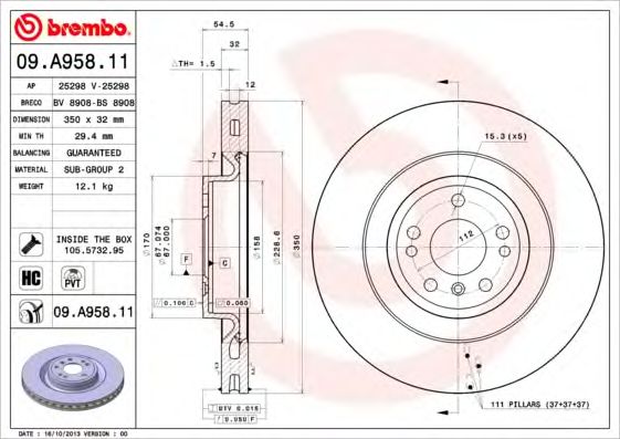 Купить BREMBO 09.A958.11 Диск тормозной 09.A958.11