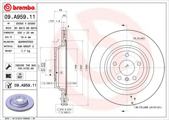 Купить BREMBO 09.A959.11 Диск тормозной 09.A959.11