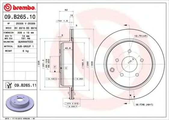 Купить BREMBO 09.B265.11 Диск тормозной 09.B265.11