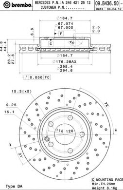 Купить BREMBO 09.B436.51 Диск тормозной передн, MERCEDES-BENZ: A-CLASS A 160 CDI/A 180/A 180 CDI/A 180 CDI/A 200/A 200 CDI 12-, B-CLASS B 180/B 180 CDI/B 200/B 200 CDI/B 200 Natural Gas Driv