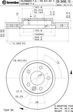 Купить BREMBO 09.B498.10 Диск тормозной VW: MULTIVAN V 2.0/2.0 BiTDI/2.0 BiTDI 4motion/2.0 TDI/2.0 TDI 4motion/2.0 TSI/2.0 TSI 4motion 03-, TRANSPORTER V 2.0/2.0 BiTDI/2.0 BiTDI 4motion/2.0