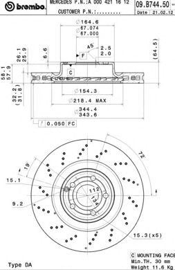 Купить BREMBO 09.B744.51 Диск тормозной передн, MERCEDES-BENZ: SLK 200/250/250 CDI/350 11-