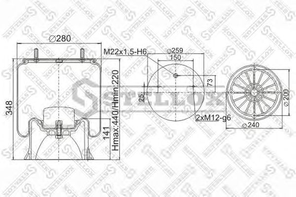Купить STELLOX 9040222SX пневмоподушка со стаканом !2 шп.M12смещ.25. 1отв.штуц.M22. Поршень пластик 4отв.d8 \SAF