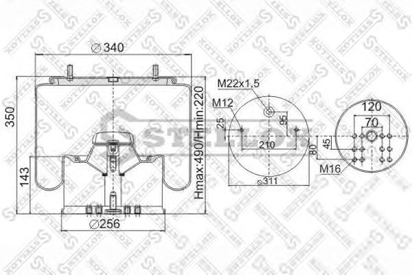 Купить STELLOX 9048813SX пневмоподушка со стак.!+плита,2шп.M12смещ.25. 1отв.штуц.M22. Порш. стальн.8отв.M16 \BPW