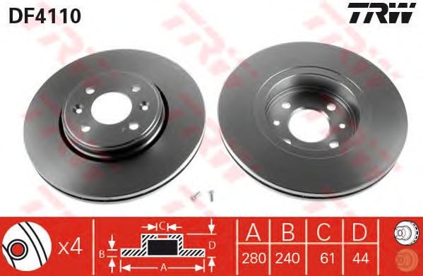 Купить TRW DF4110 Диск тормозной передн RENAULT: CLIO II 00-, CLIO III 06-, KANGOO 00-, KANGOO Express 01-, LAGUNA 97-01, MEGANE Cabriolet 99-, MEGANE Classic 97-, MEGANE Coach 9